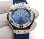 Hublot Lady 34mm 316L Steel Rubber/Leather Strap VK Quartz Movement Silver Case Blue/Black Dial Watch